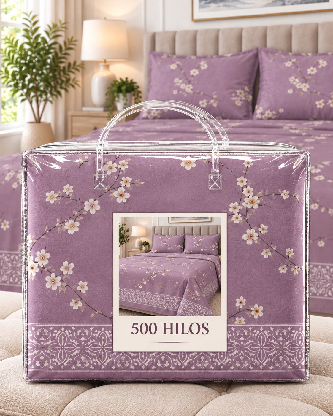 Juego de Sábanas 500 Hilos 2 plazas - Sakura Lavanda 4 Piezas