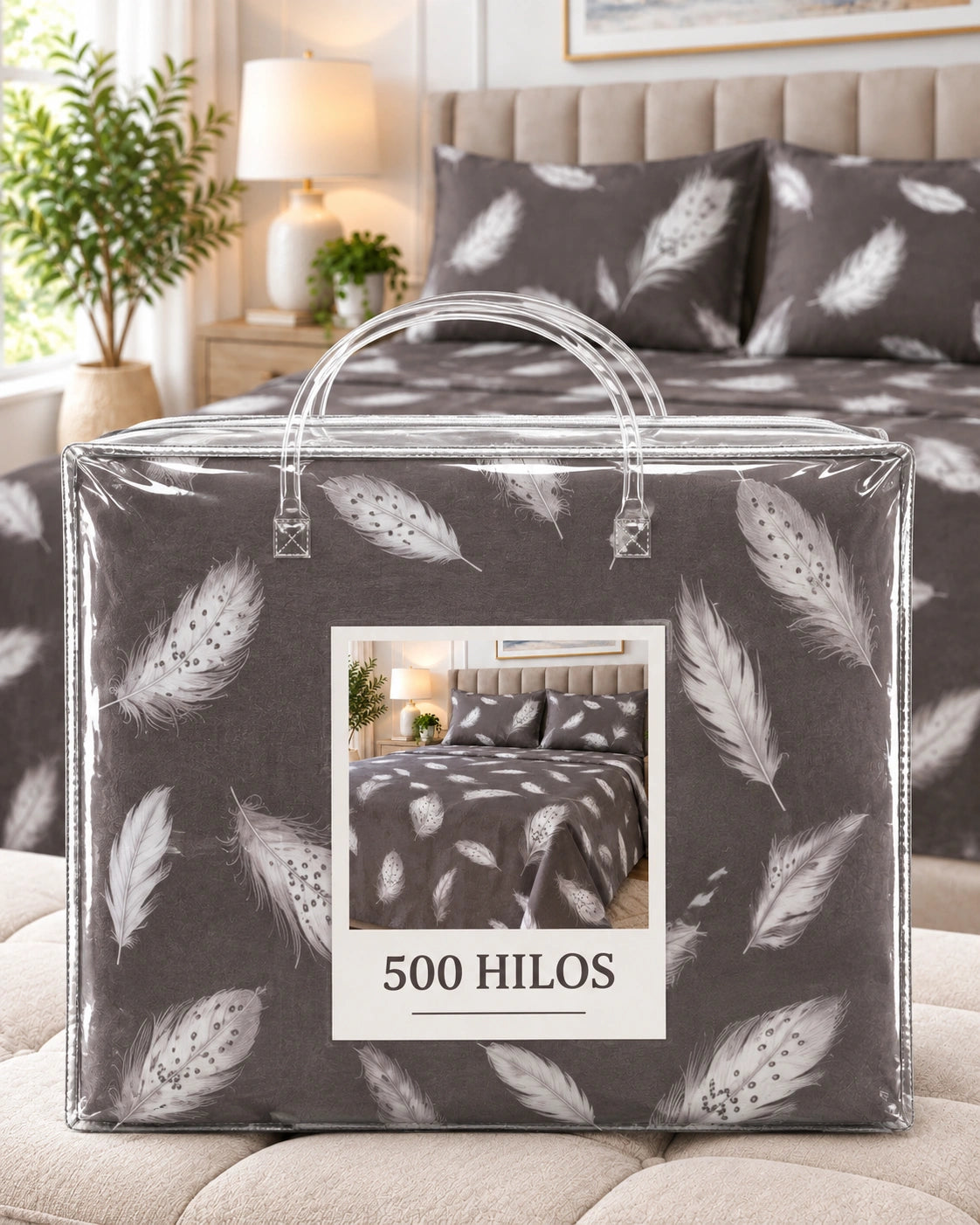 Juego de Sábanas 500 Hilos 2 plazas - Pluma Graphite 4 Piezas