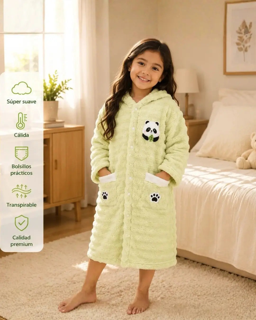 Bata Infantil de Microfibra con Gorro Verde Agua