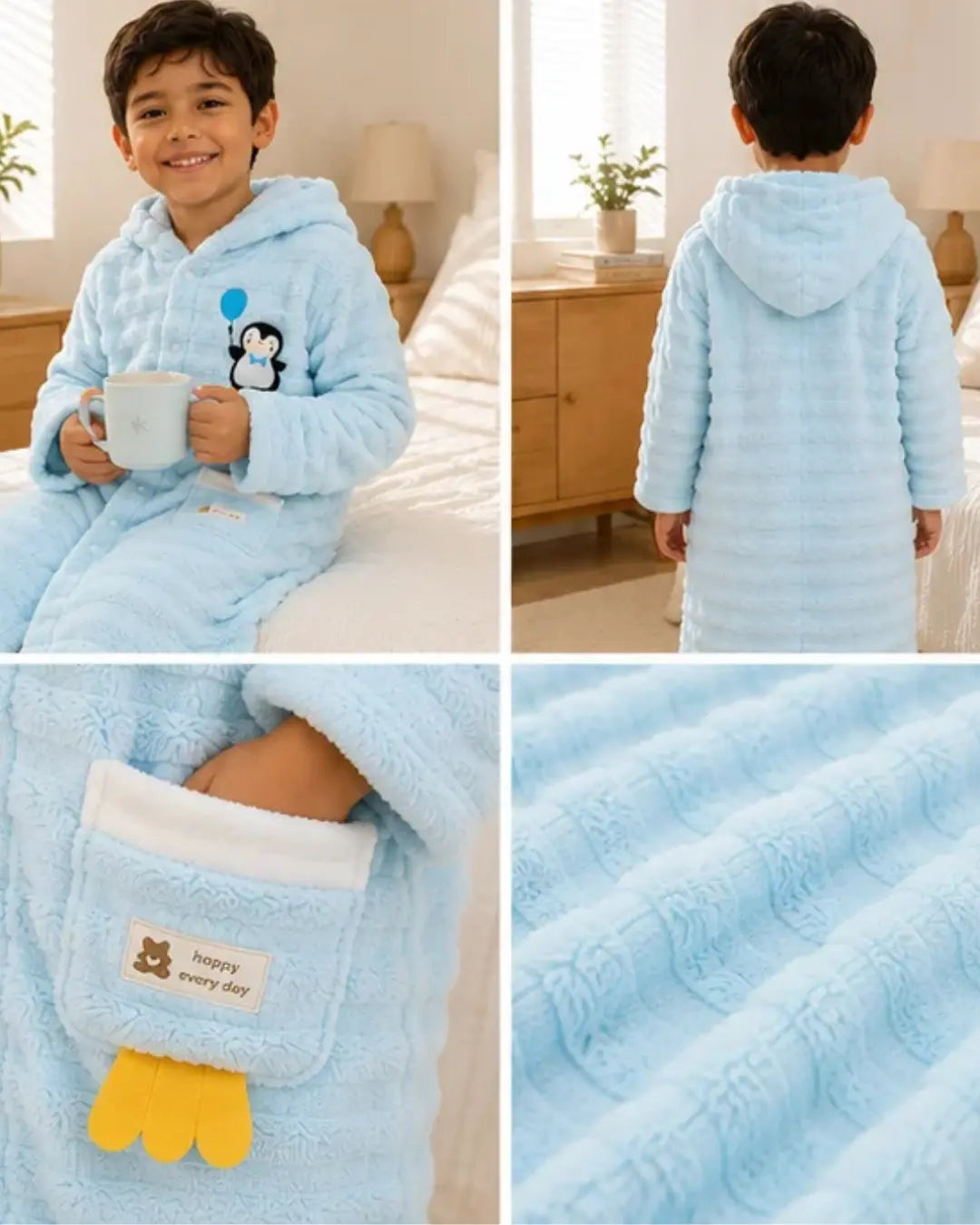 Bata Infantil de Microfibra con Gorro Celeste