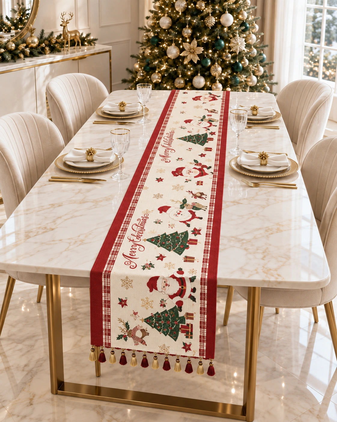 Camino de Mesa Navideño Christmas Village – Rojo y Crudo