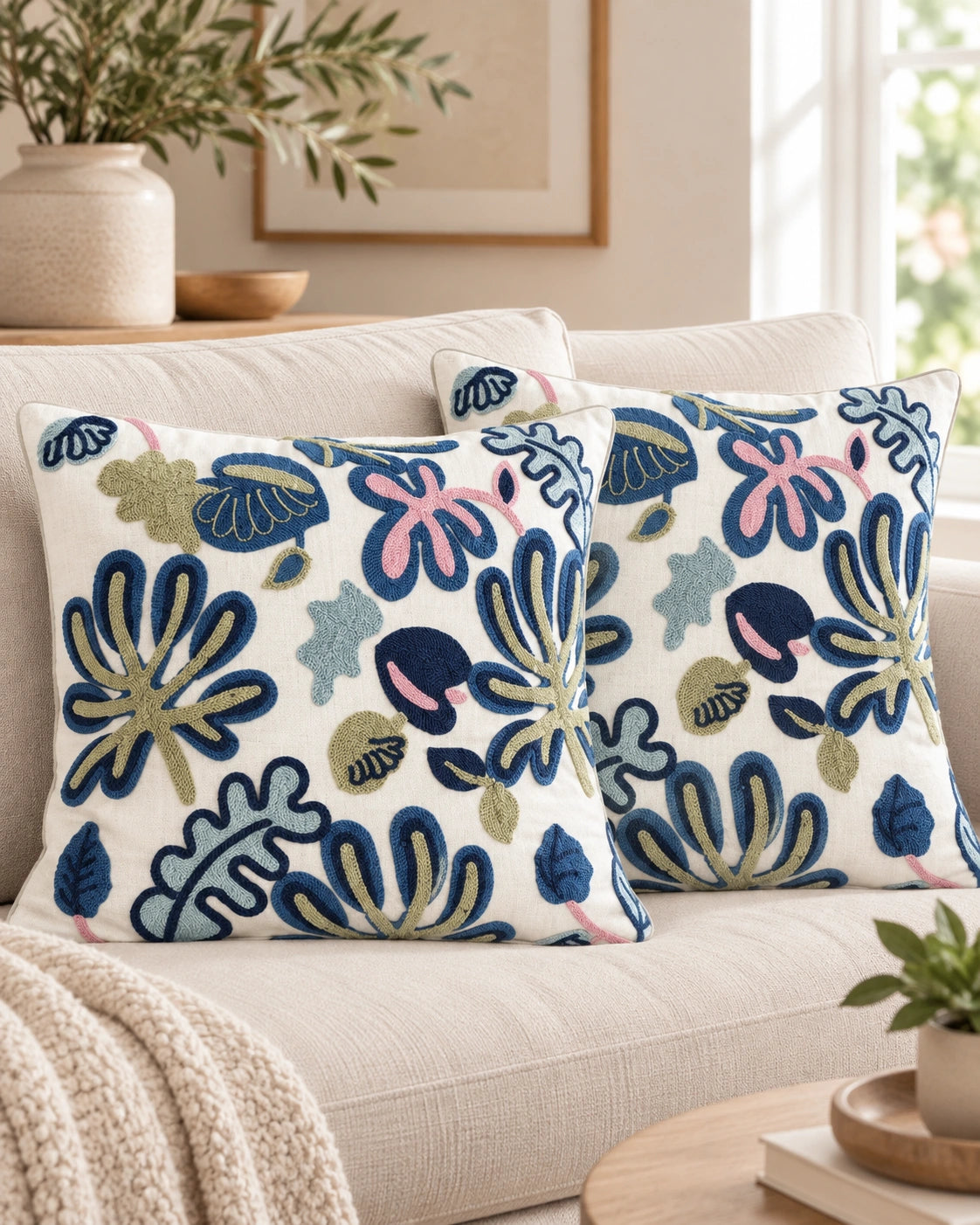 Cojín Decorativo Bordado Modelo Capri – Diseño Floral Azul