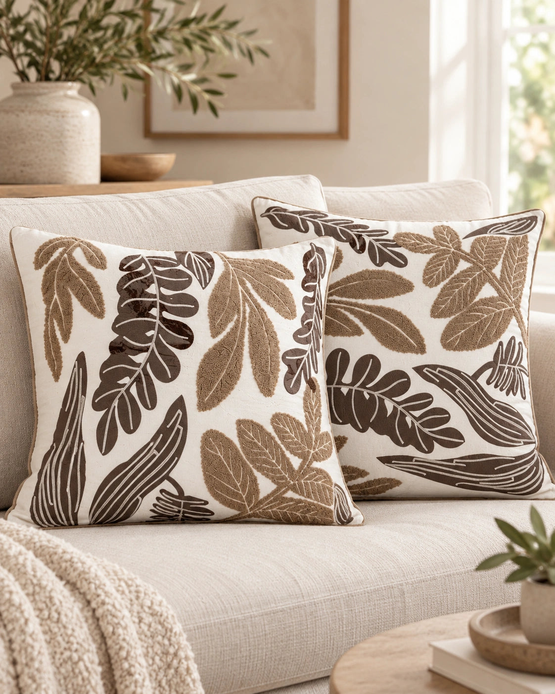 Cojín Decorativo Bordado Modelo Botánica – Diseño Hojas Tierra