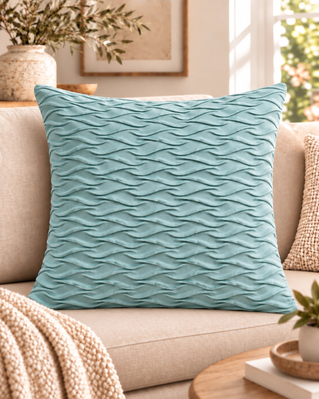 Cojín Decorativo Modelo Ondas – Diseño Texturizado Celeste