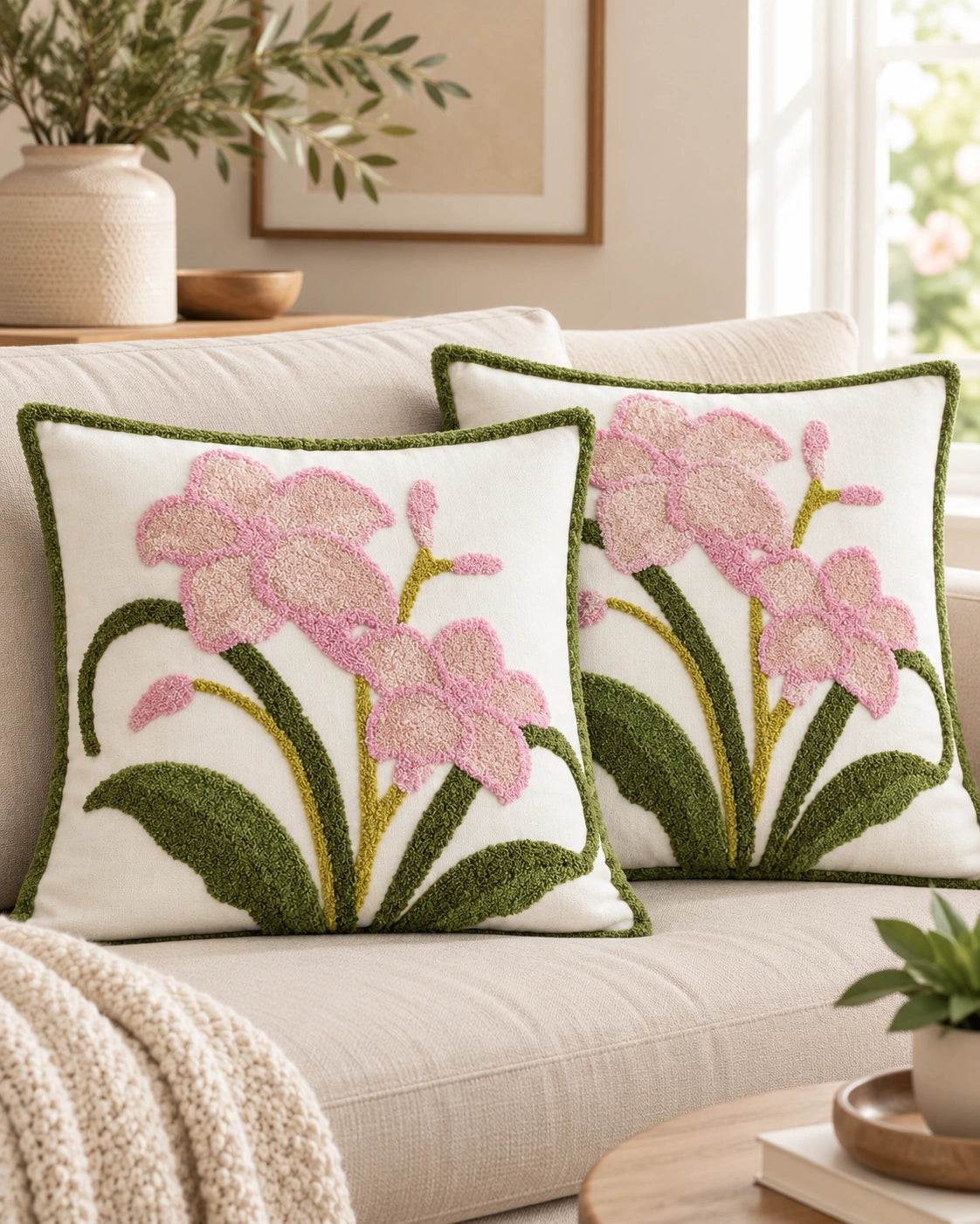 Cojín Decorativo Bordado Modelo Orquídea – Diseño Floral Rosa y Verde