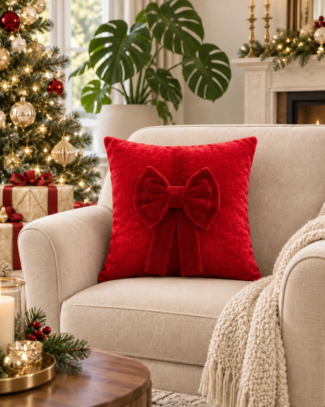 Cojín Decorativo Noël Bow – Lazo Rojo