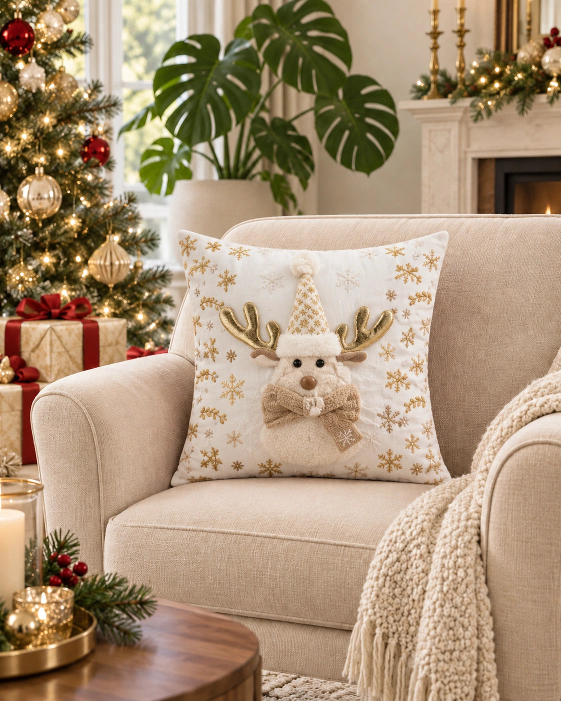 Cojín Decorativo Navideño Reno Champagne – Blanco y Dorado