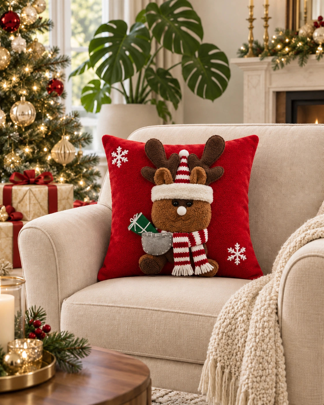 Cojín Decorativo Navideño Reno Gift – Rojo