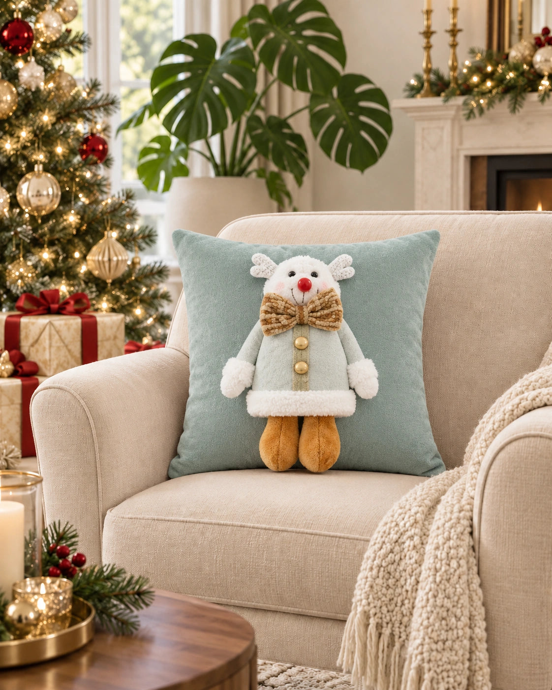 Cojín Decorativo Navideño Reno Nordic Mint – Verde Suave