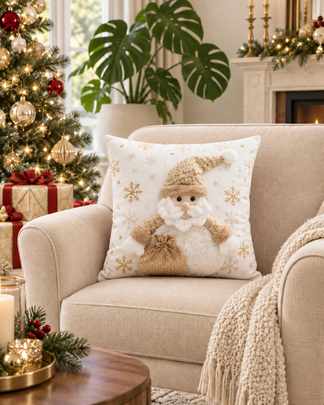 Cojín Decorativo Navideño Santa Doré – Blanco y Dorado