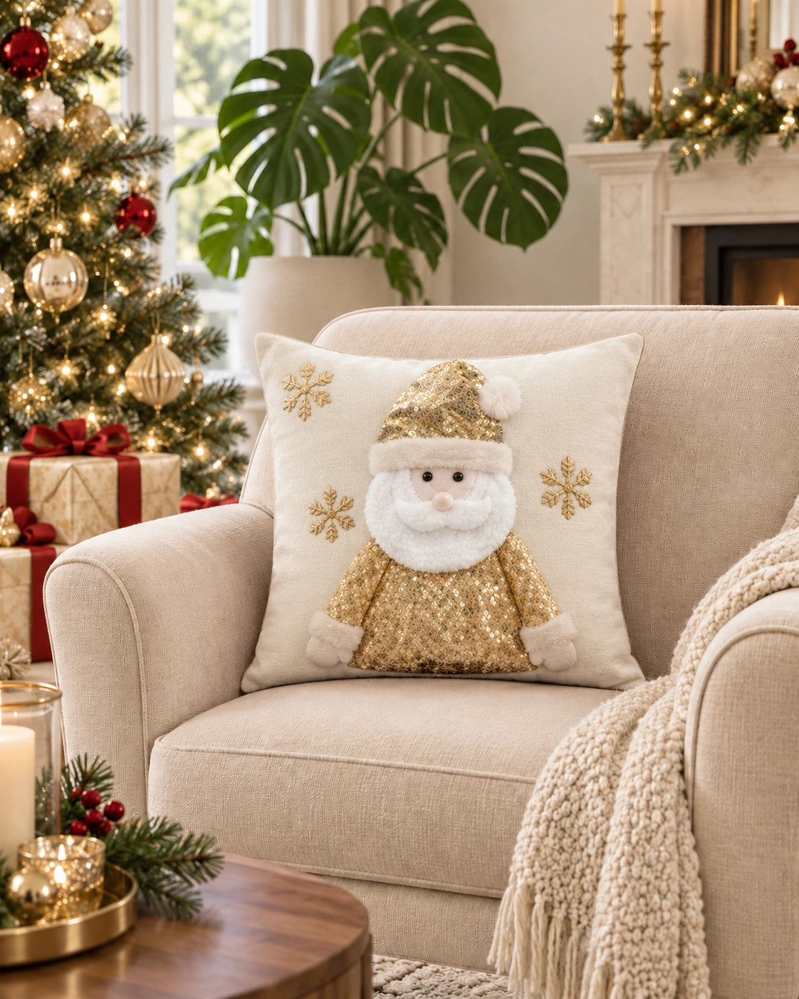 Cojín Decorativo Navideño Santa Lumière – Blanco y Dorado