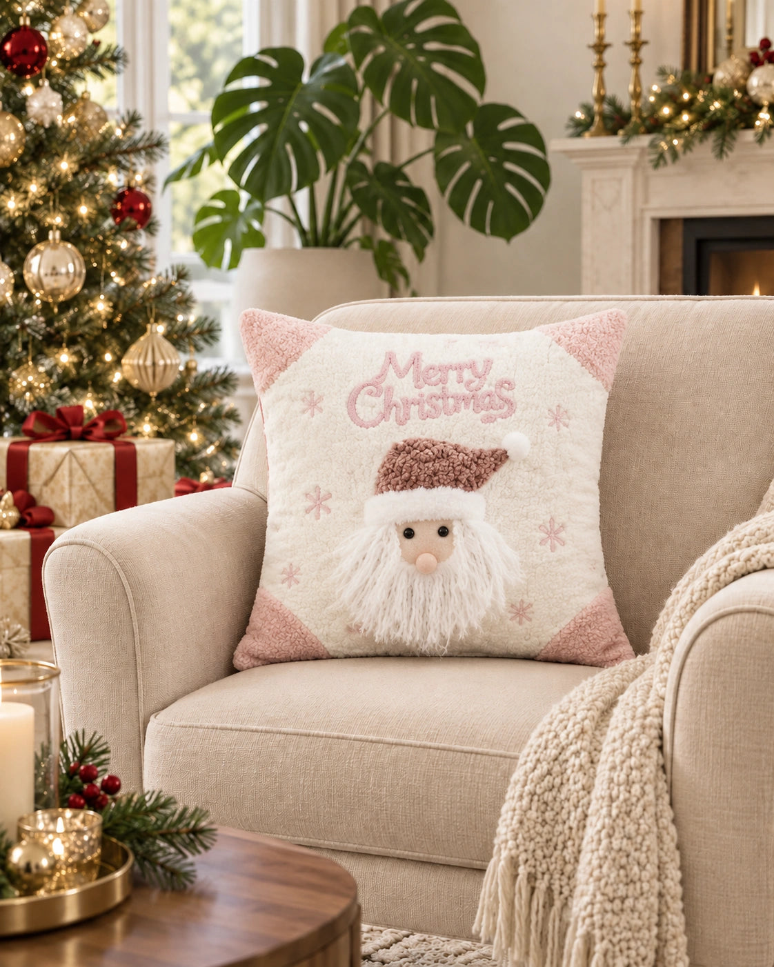 Cojín Decorativo Navideño Santa Rosé – Blanco y Rosa