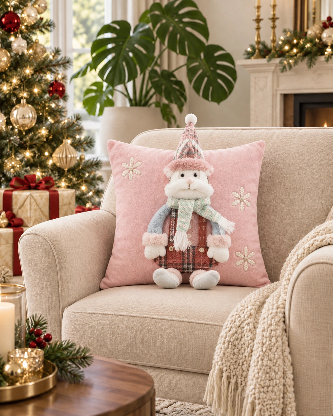 Cojín Decorativo Navideño Santa Winter Rose – Rosado