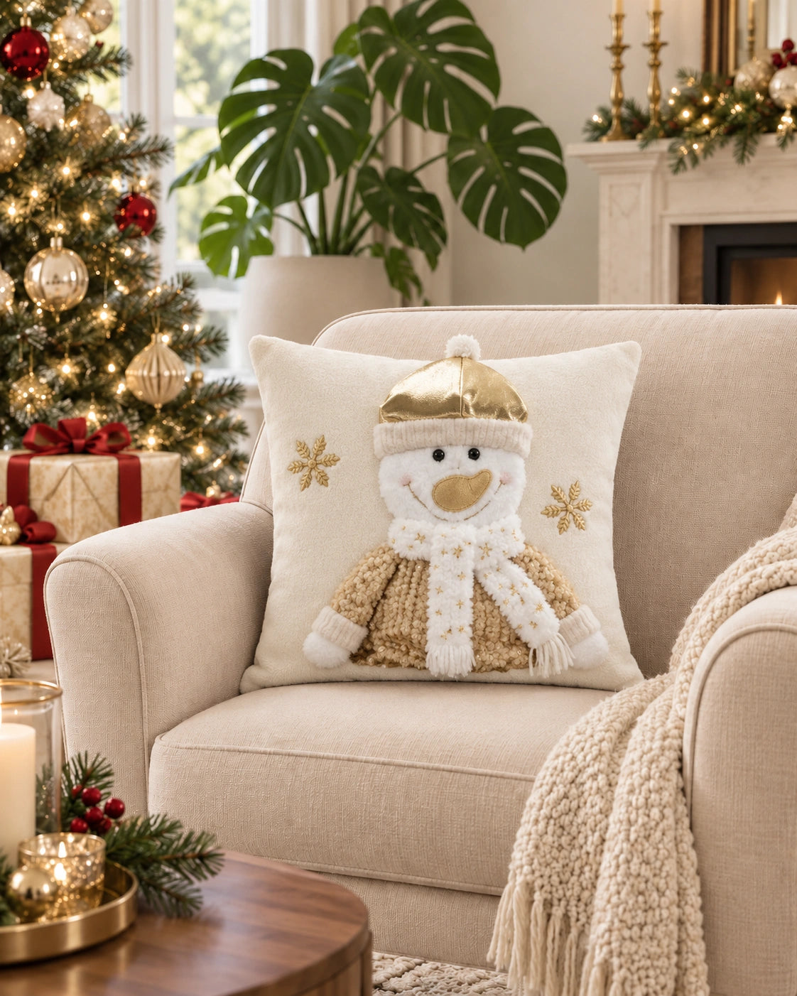 Cojín Decorativo Navideño Snowman Gold – Blanco y Dorado