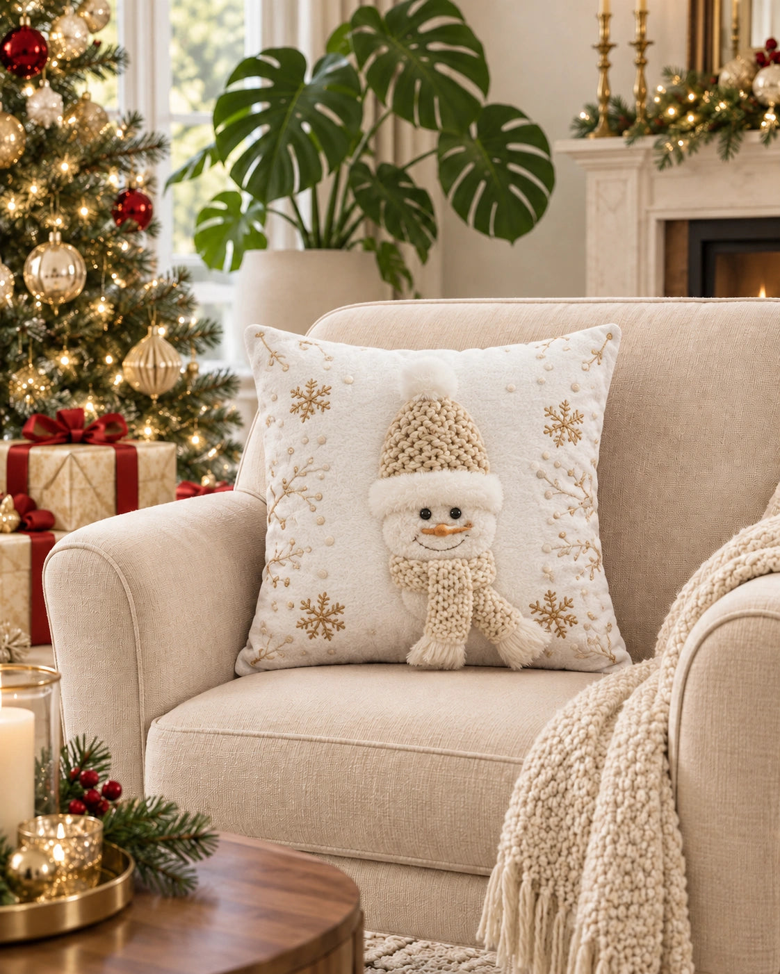 Cojín Decorativo Navideño Snowman Nordic – Blanco y Beige