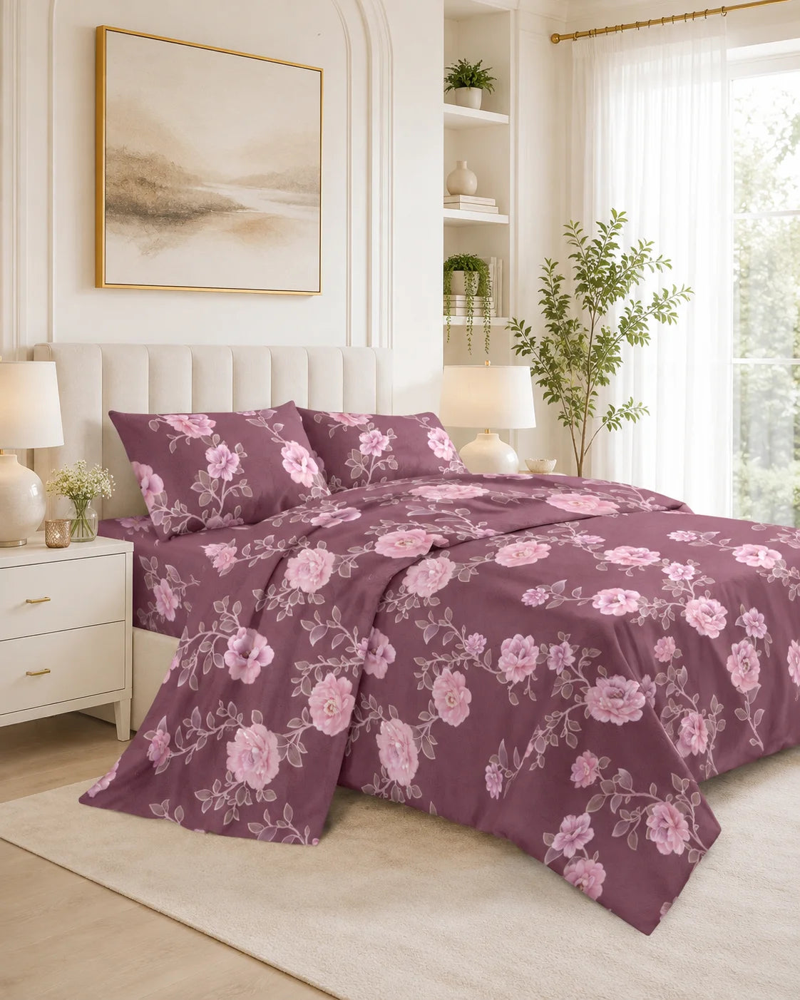 Juego de Sábanas 500 Hilos Mauve Floral 4 Piezas