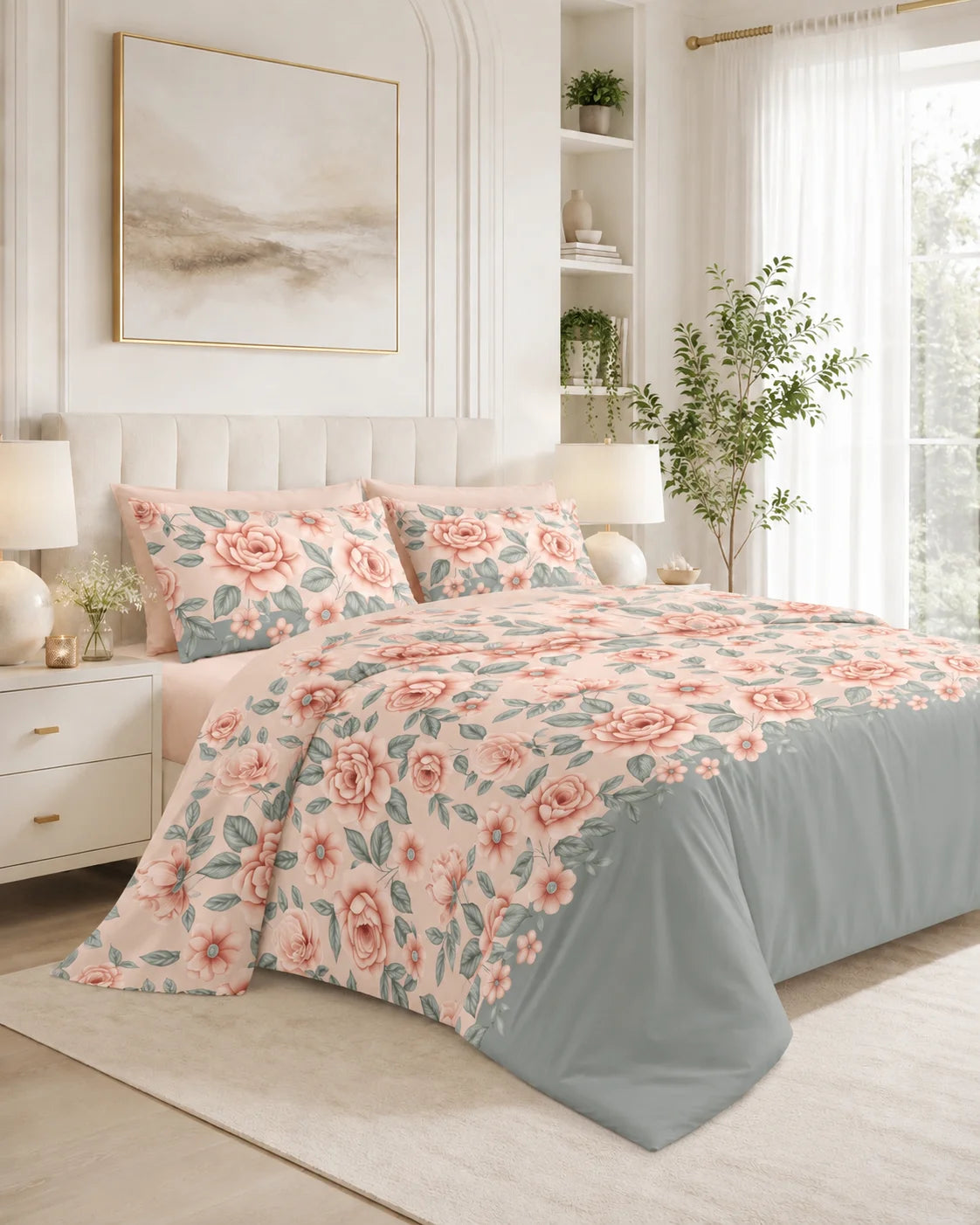 Juego de Sábanas 500 Hilos Rosa Floral 4 Piezas