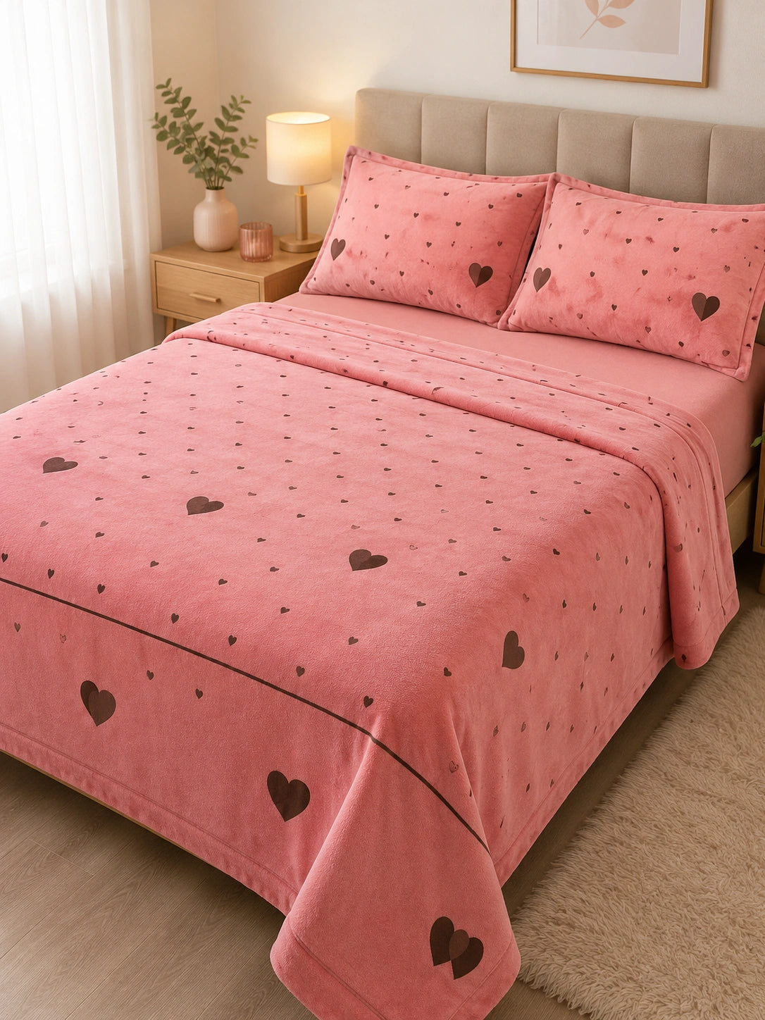 Juego de sábanas Piel de ganso Rosa con Corazones 2 plazas
