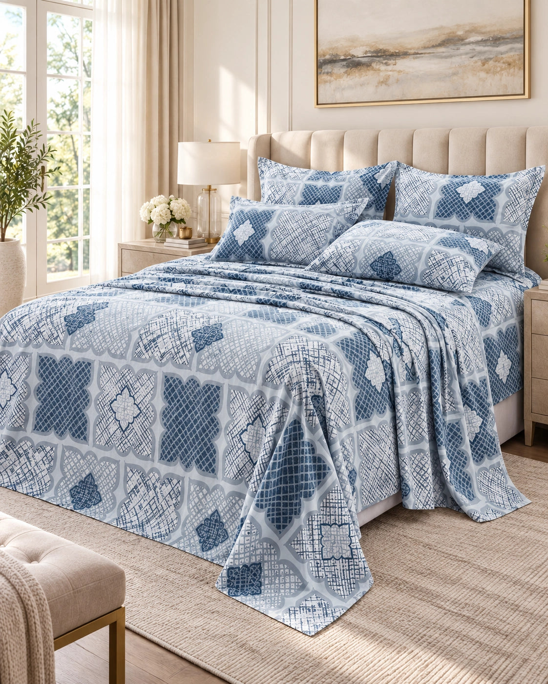 Juego de Sábanas 300 hilos Estampadas Suaves Azulejo Azul