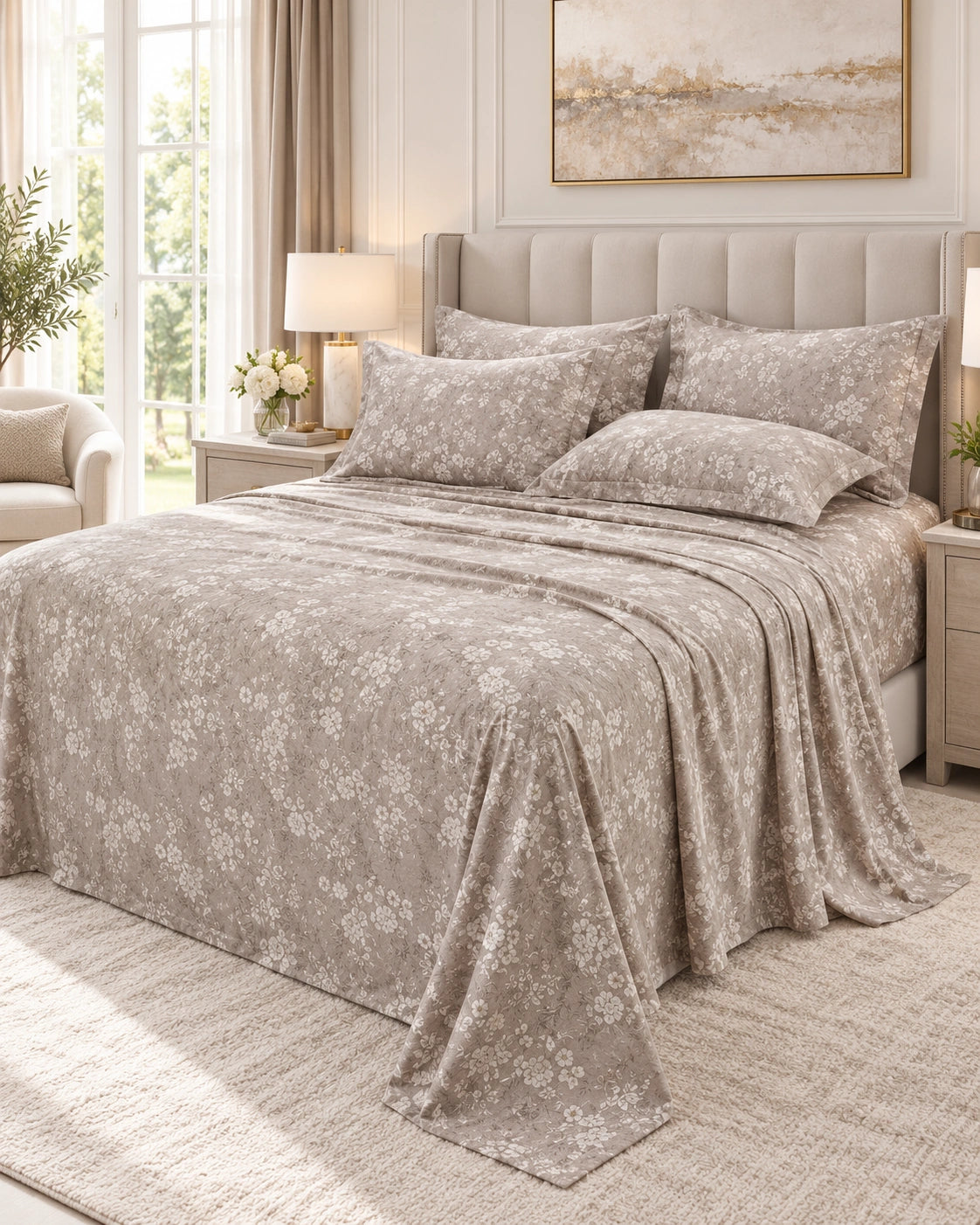 Juego de Sábanas 300 hilos Estampadas Suaves Flores Taupe