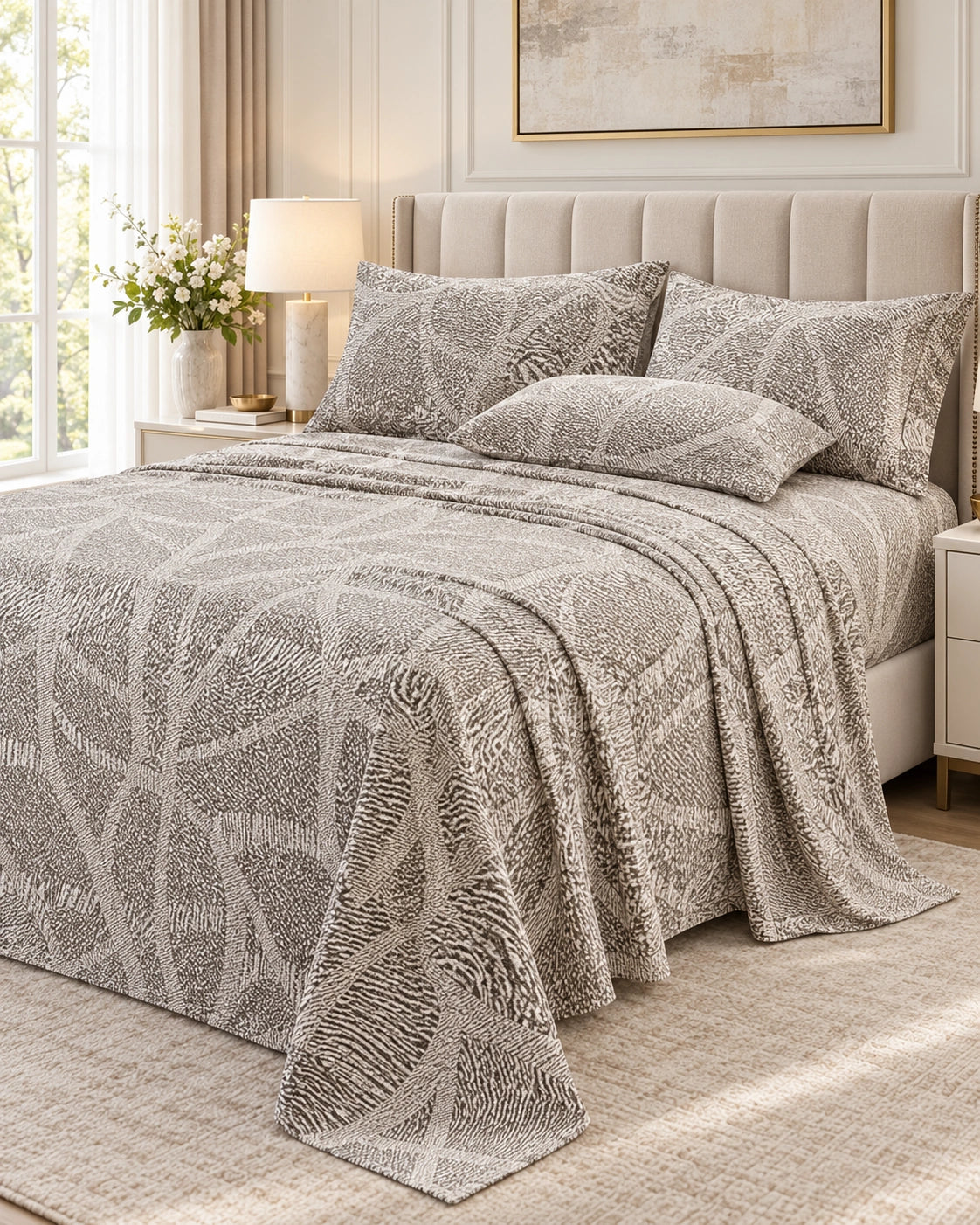 Juego de Sábanas 300 hilos Estampadas Suaves Hojas Taupe
