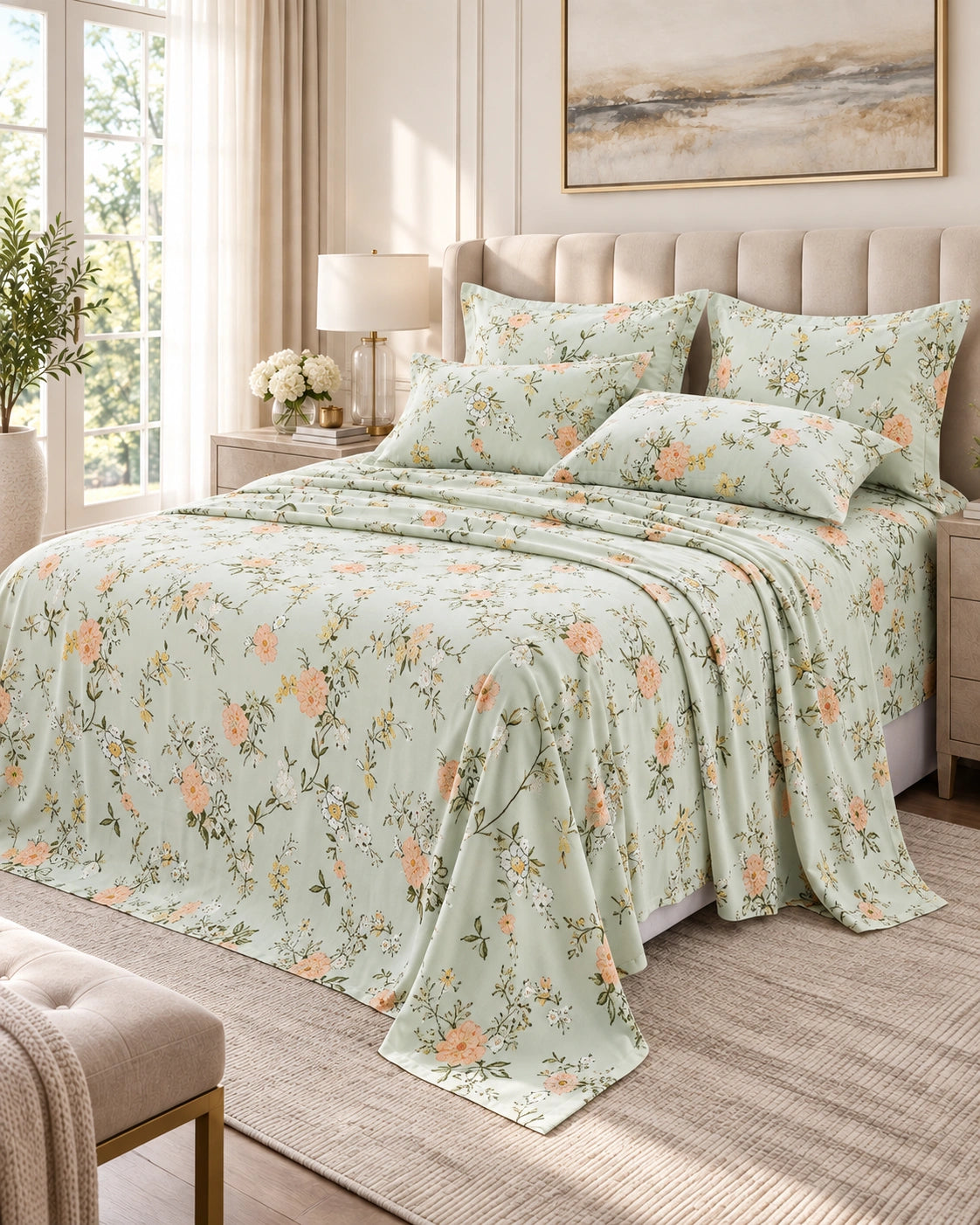 Juego de Sábanas 300 hilos Estampadas Suaves Jardín Salvia