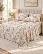 Juego de Sábanas 300 hilos Estampadas Suaves Rosas Champagne