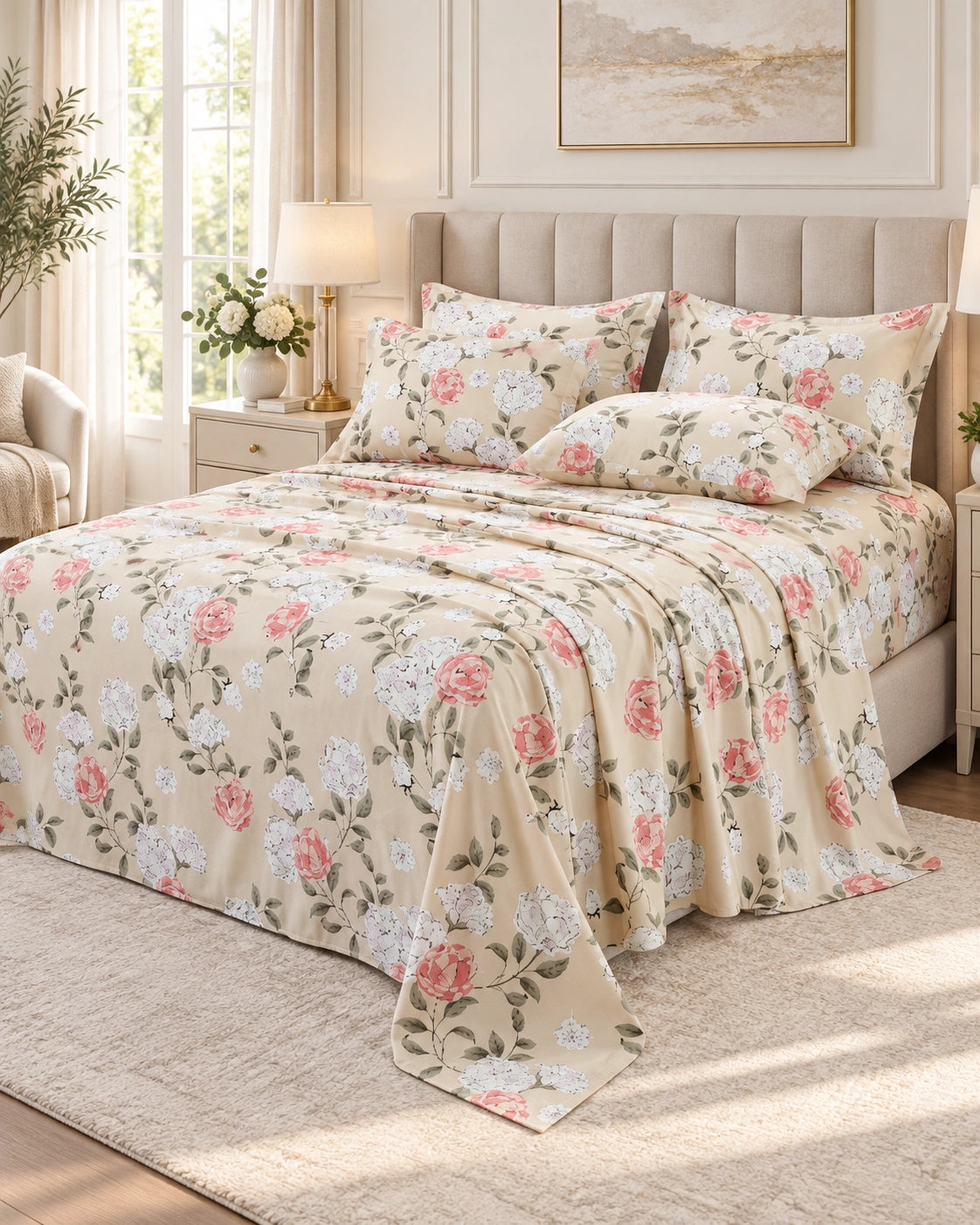Juego de Sábanas 300 hilos Estampadas Suaves Rosas Champagne