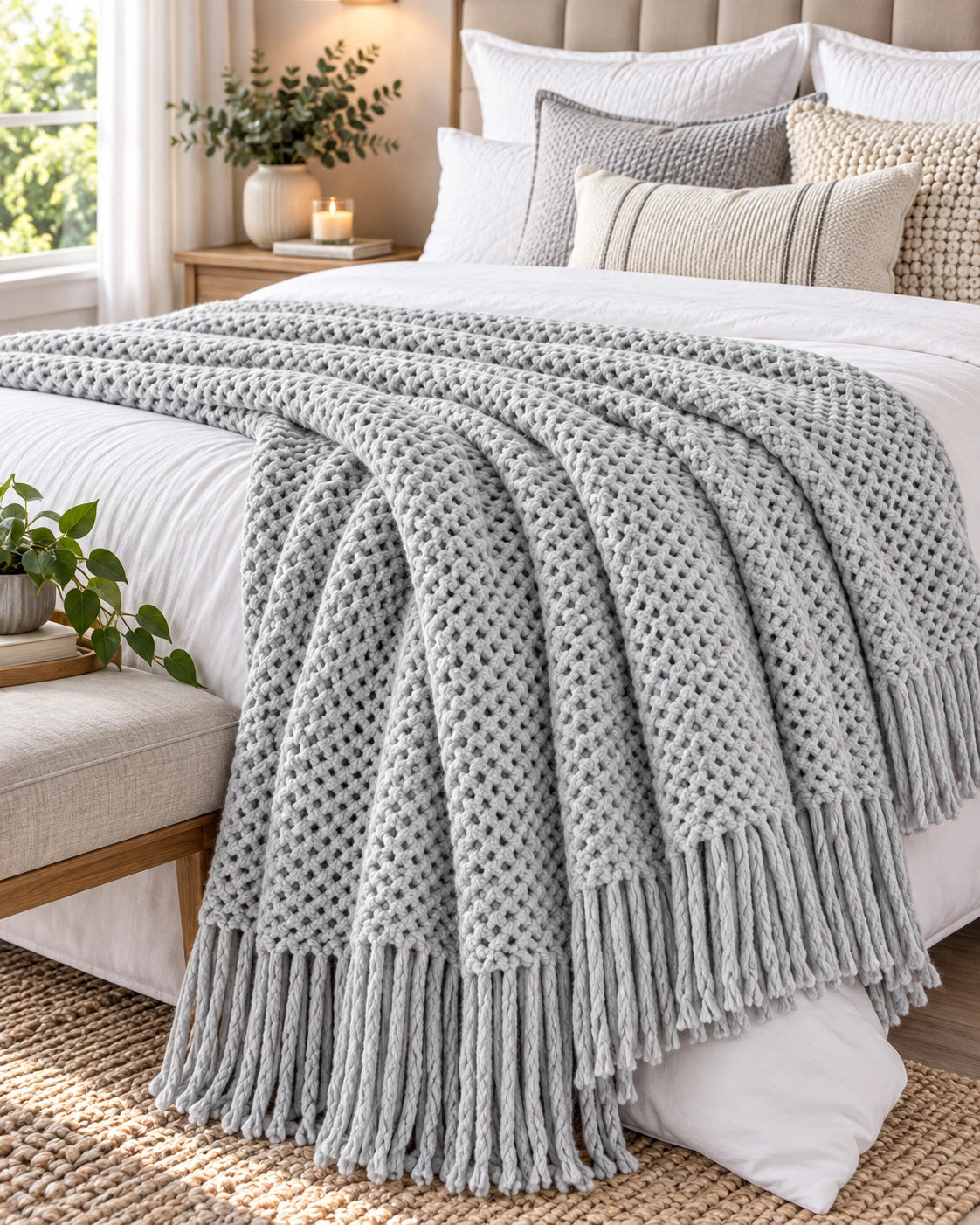 Manta Decorativa Tejida Nido Gris Perla con Flecos