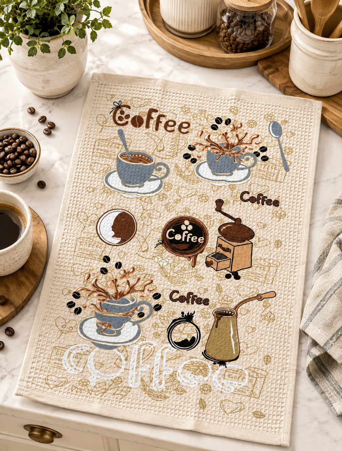 Paño de Cocina 100% Algodón Ultra Absorbente – Diseño Coffee Barista