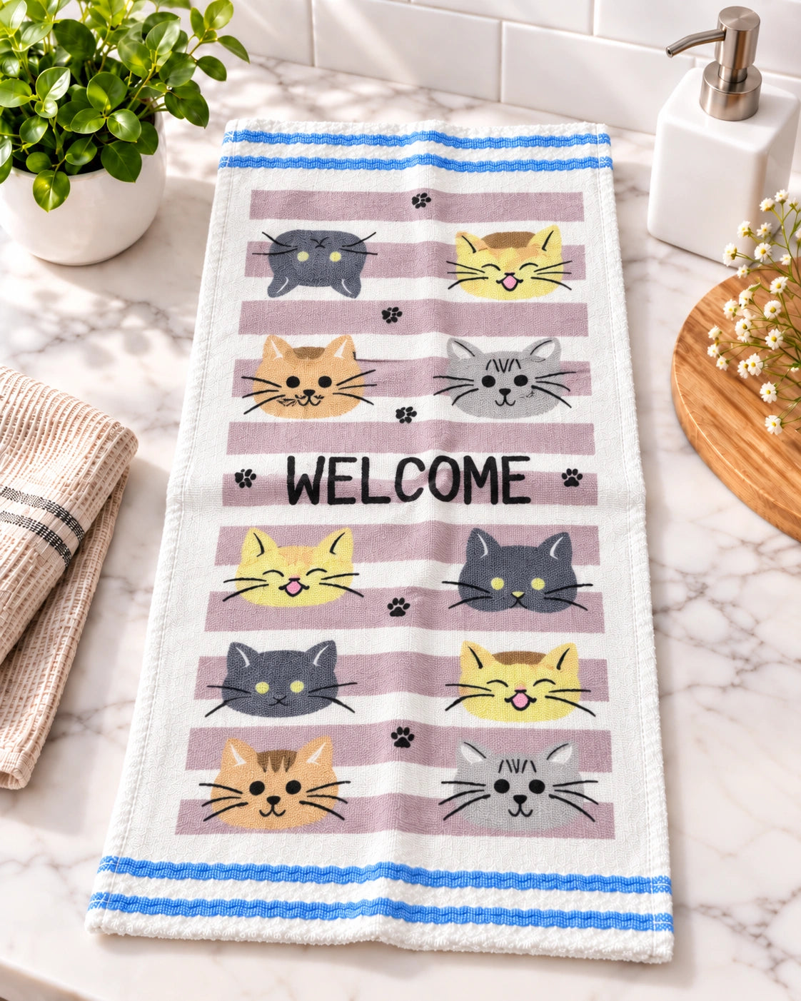 Paño de Cocina 100% Algodón Ultra Absorbente – Diseño Gatitos Welcome