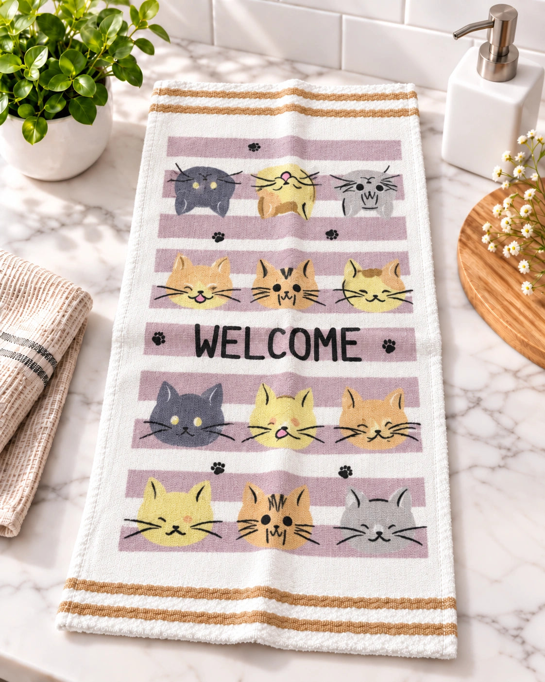 Paño de Cocina 100% Algodón Ultra Absorbente – Diseño Gatitos Welcome