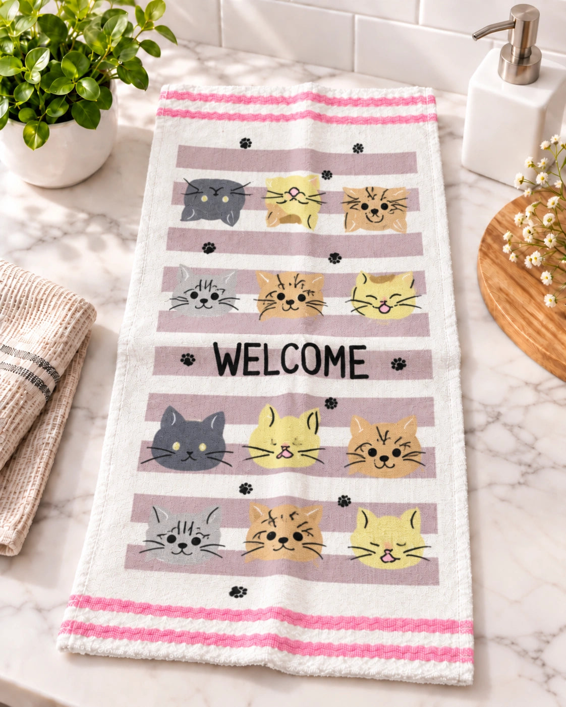 Paño de Cocina 100% Algodón Ultra Absorbente – Diseño Gatitos Welcome