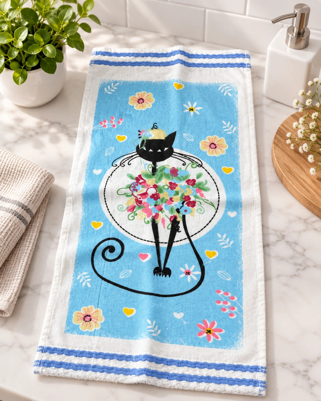Paño de Cocina 100% Algodón Ultra Absorbente – Diseño Gato Floral