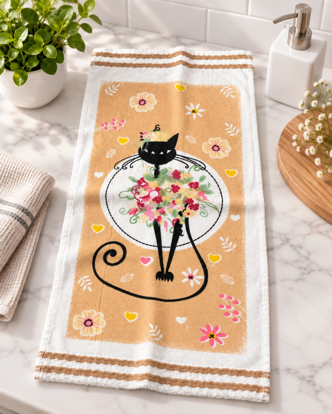 Paño de Cocina 100% Algodón Ultra Absorbente – Diseño Gato Floral