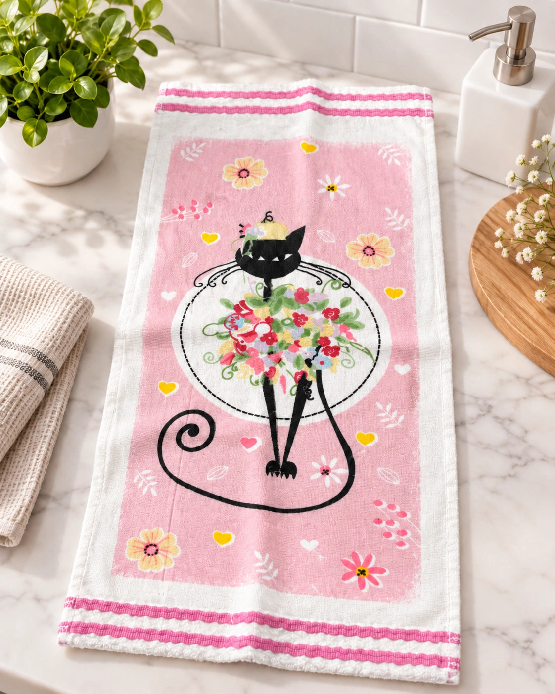 Paño de Cocina 100% Algodón Ultra Absorbente – Diseño Gato Floral
