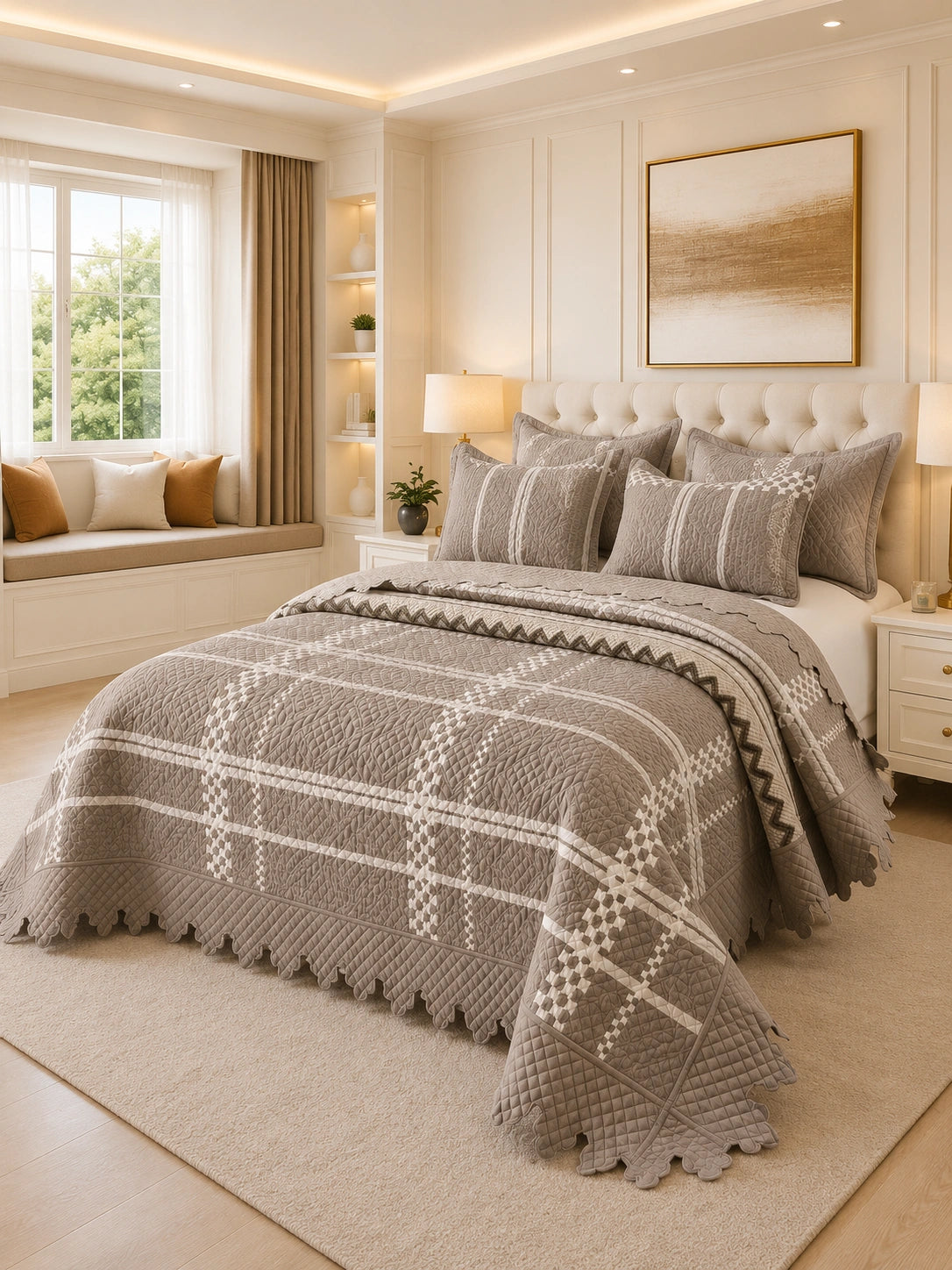 Quilt de Verano King Magnolia Taupe Geometric 5 Piezas