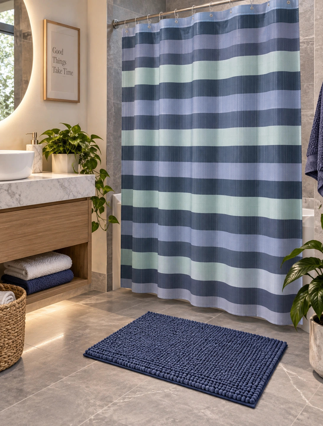 Set de Baño Mashini 4 Piezas Azul – Cortina a Rayas y Piso Chenille