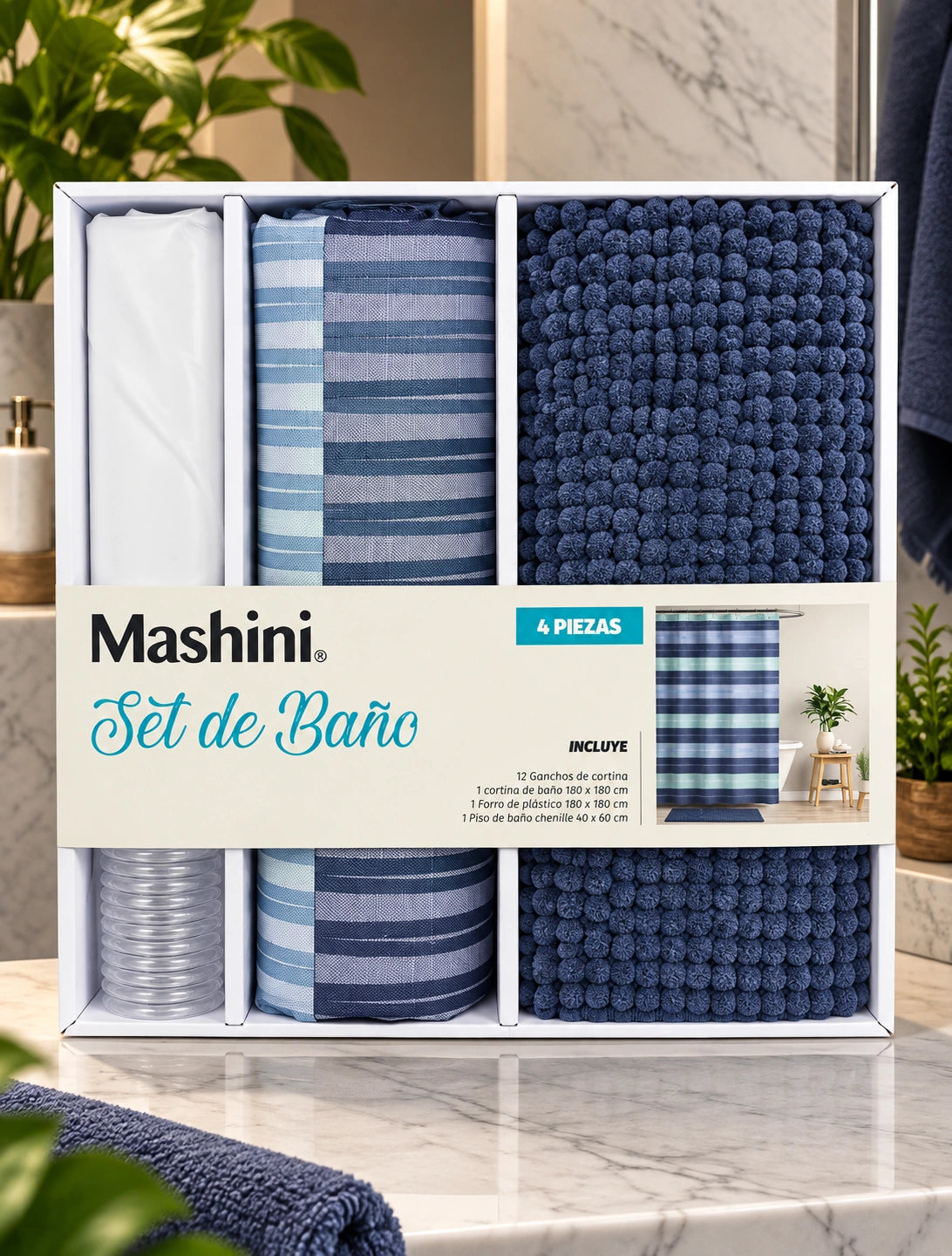 Set de Baño Mashini 4 Piezas Azul – Cortina a Rayas y Piso Chenille