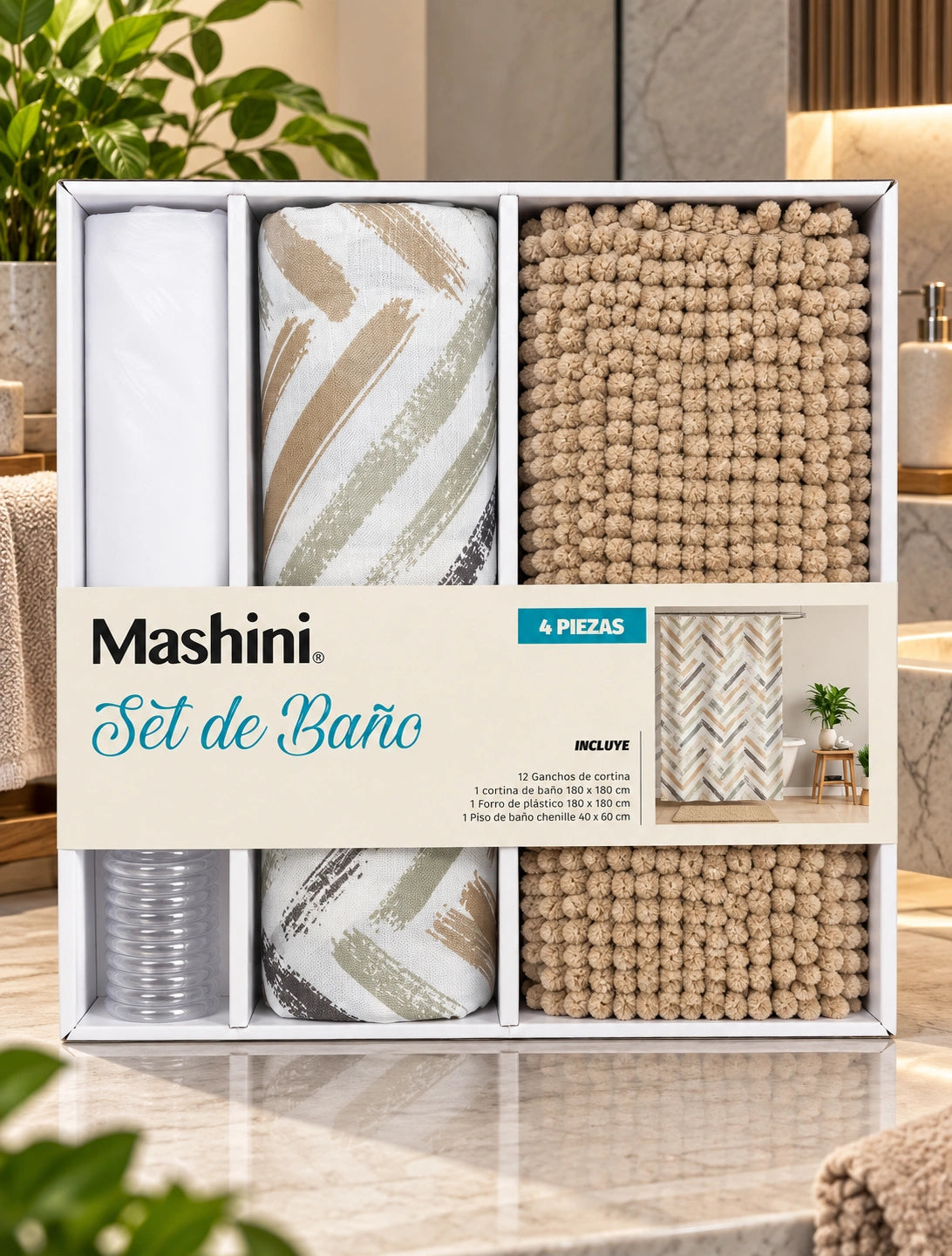 Set de Baño Mashini 4 Piezas Beige – Cortina Estampada y Piso Chenille