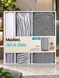 Set de Baño Mashini 4 Piezas Gris – Cortina, Forro, Ganchos y Piso Chenille