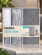 Set de Baño Mashini 4 Piezas Gris – Cortina, Forro, Ganchos y Piso Chenille