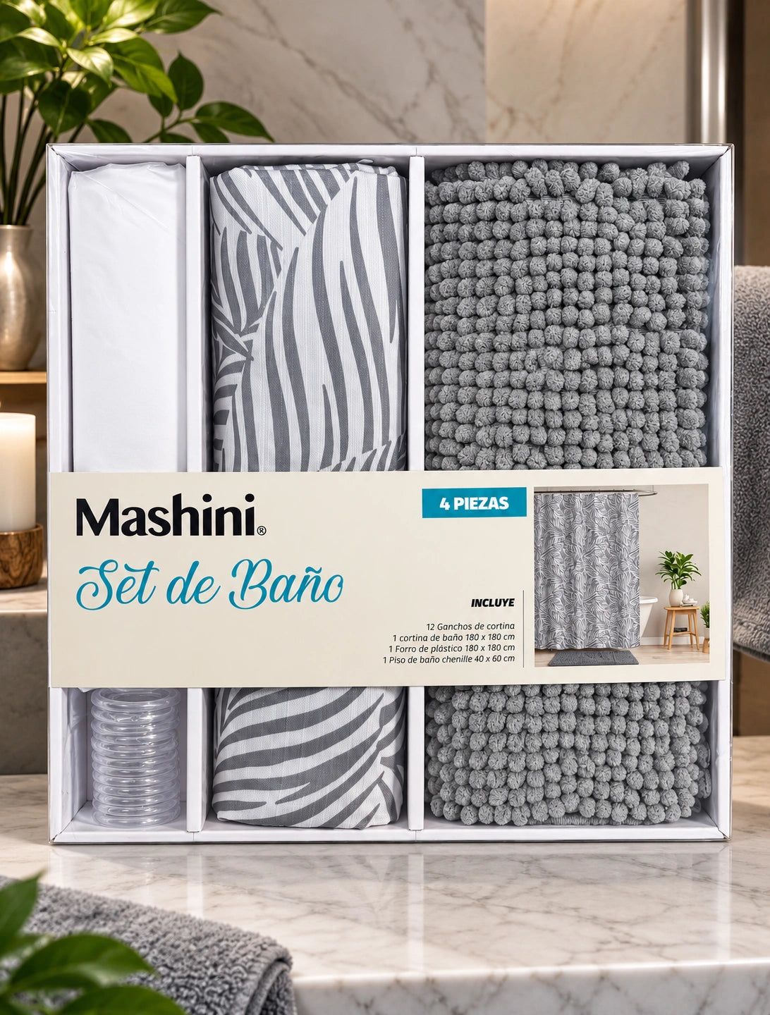 Set de Baño Mashini 4 Piezas Gris – Cortina, Forro, Ganchos y Piso Chenille