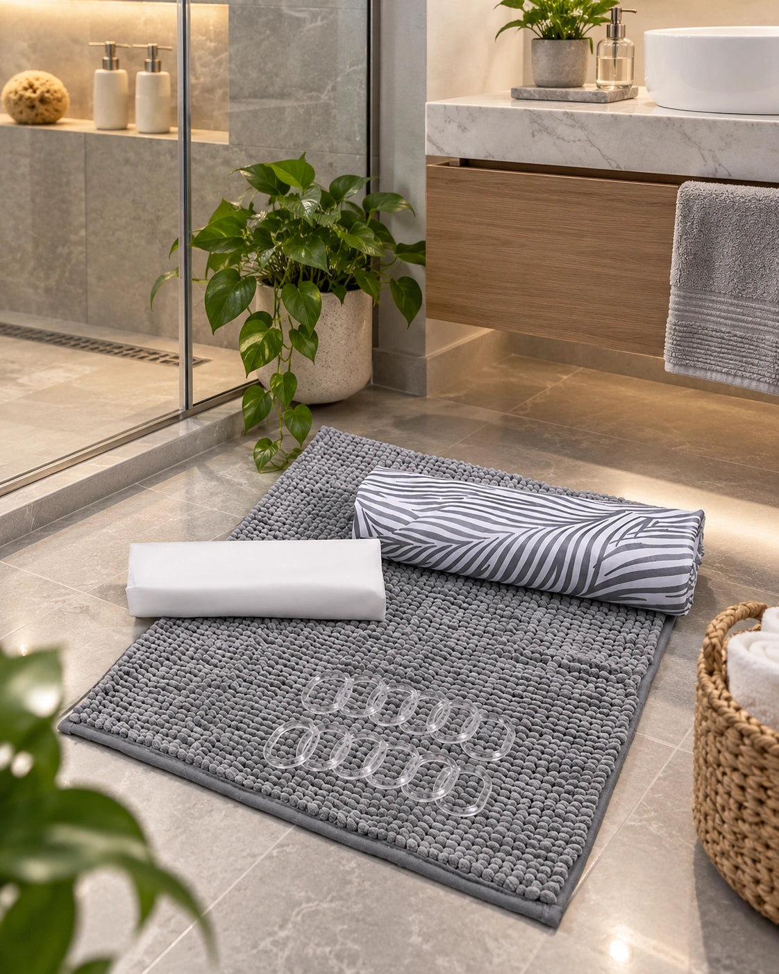 Set de Baño Mashini 4 Piezas Gris – Cortina, Forro, Ganchos y Piso Chenille
