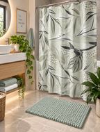 Set de Baño Mashini 4 Piezas Verde Menta – Cortina de Hojas y Piso Chenille