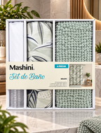 Set de Baño Mashini 4 Piezas Verde Menta – Cortina de Hojas y Piso Chenille