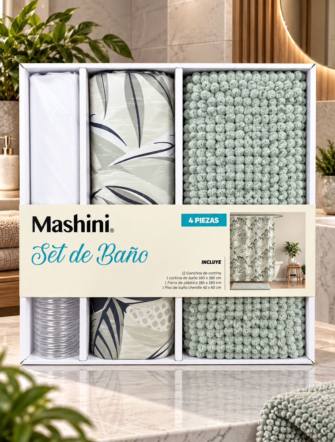 Set de Baño Mashini 4 Piezas Verde Menta – Cortina de Hojas y Piso Chenille