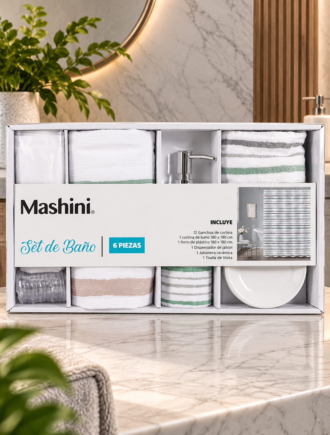 Set de Baño Mashini 6 Piezas – Cortina a Rayas y Accesorios
